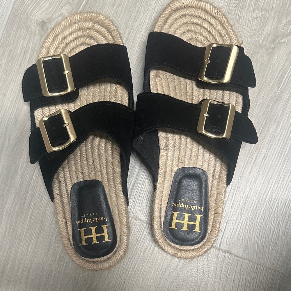 Haute Hippie Black and Gold Buckle Flats